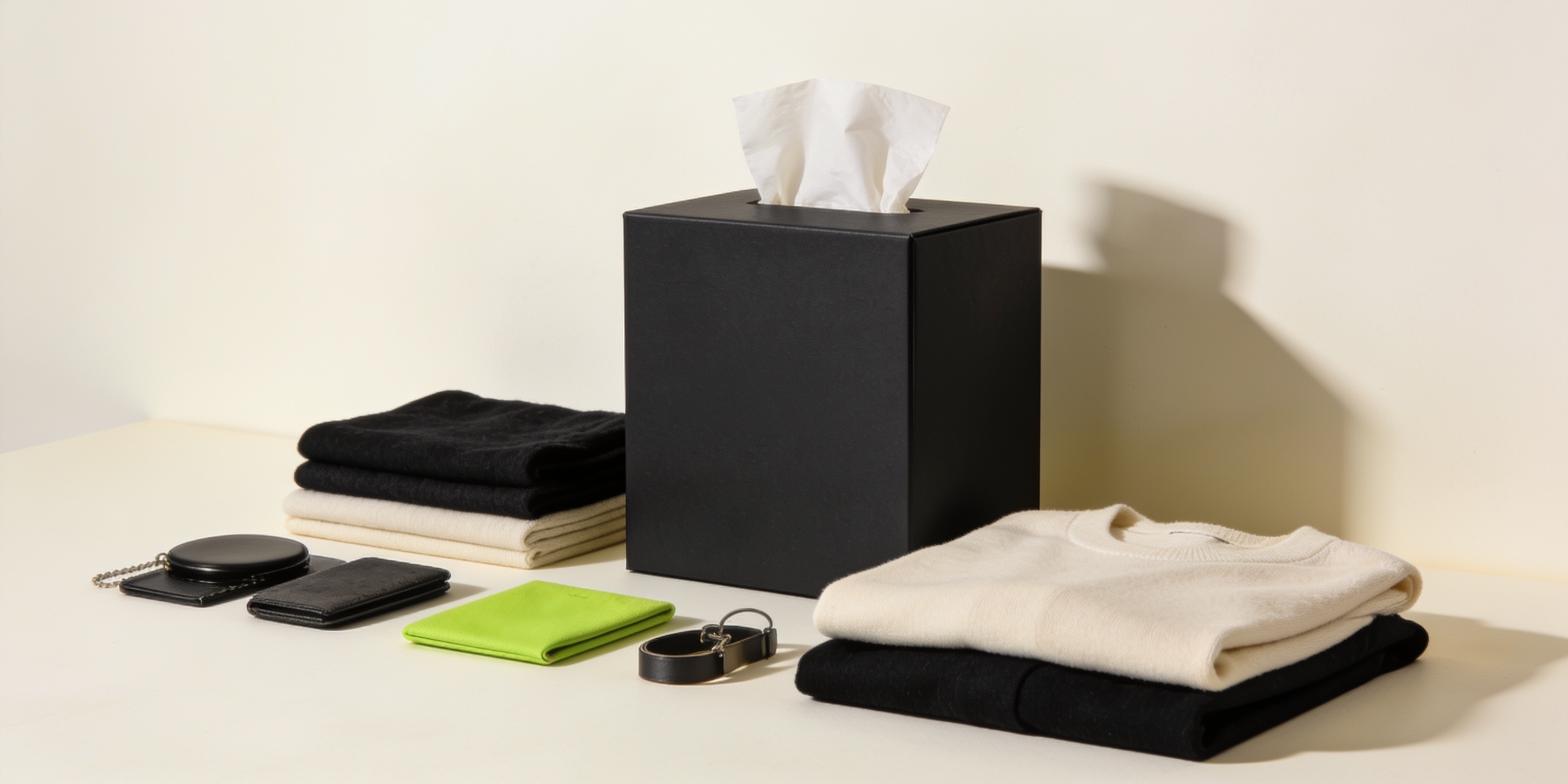 Limited edition branded product drop — a curated collection of apparel and accessories with custom packaging