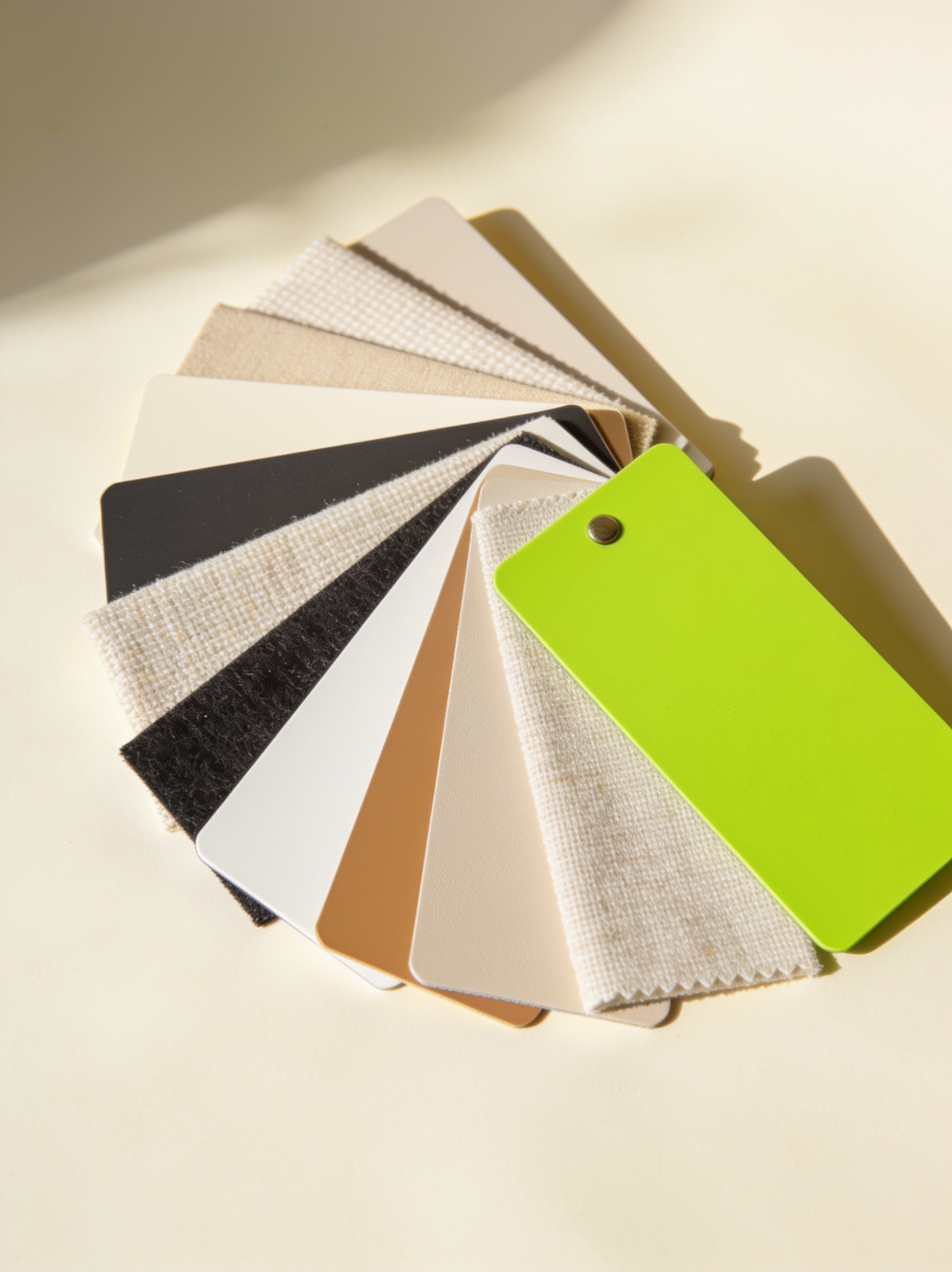 Material swatches and colour options laid out for selection