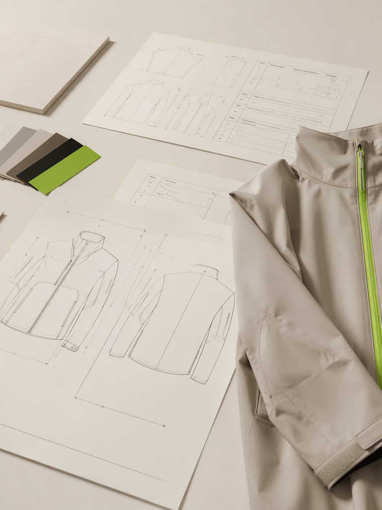 Technical drawings and tech pack documents beside a finished sample