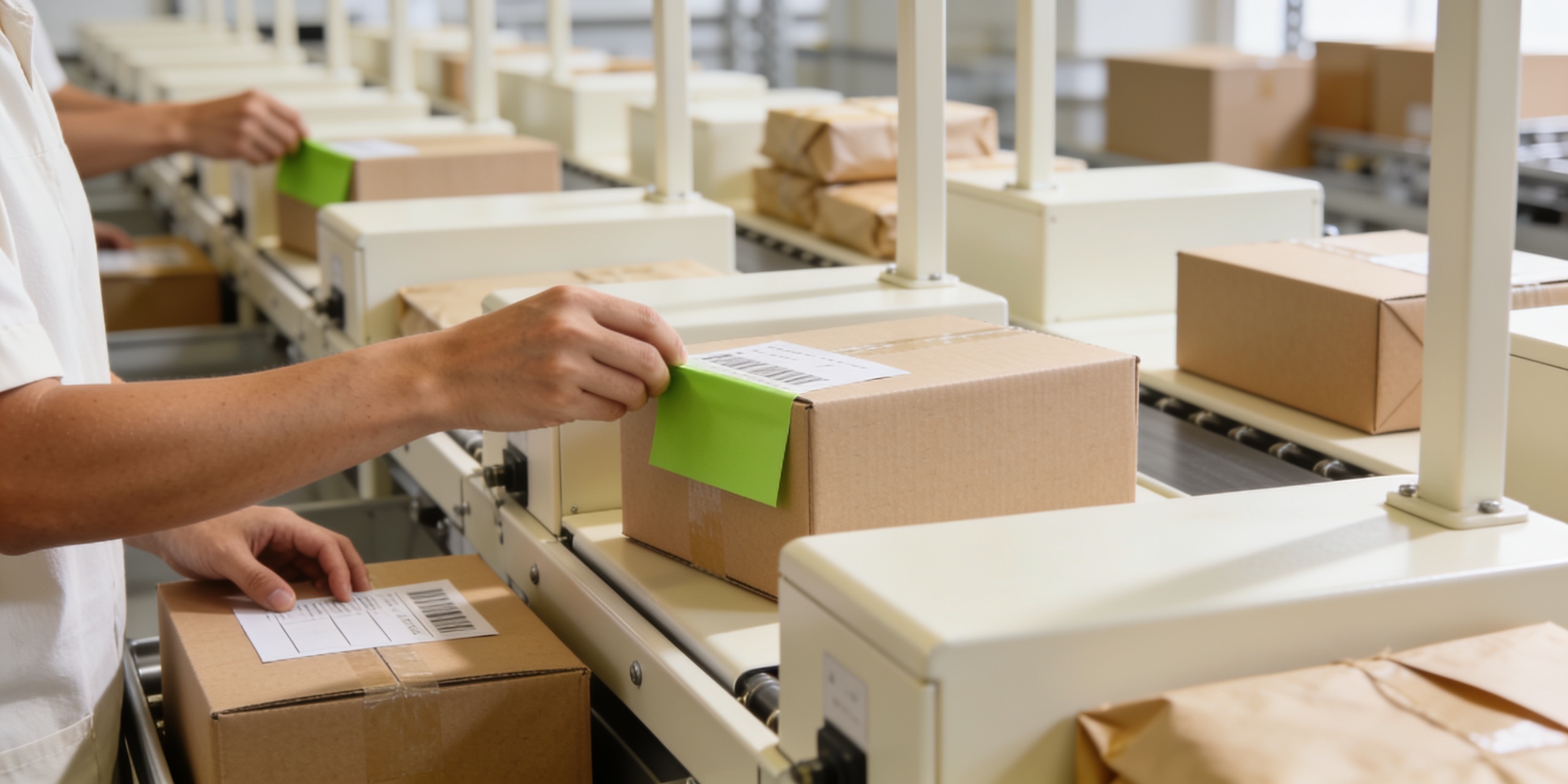 E-commerce fulfilment centre — orders being picked, packed, and labelled for European delivery