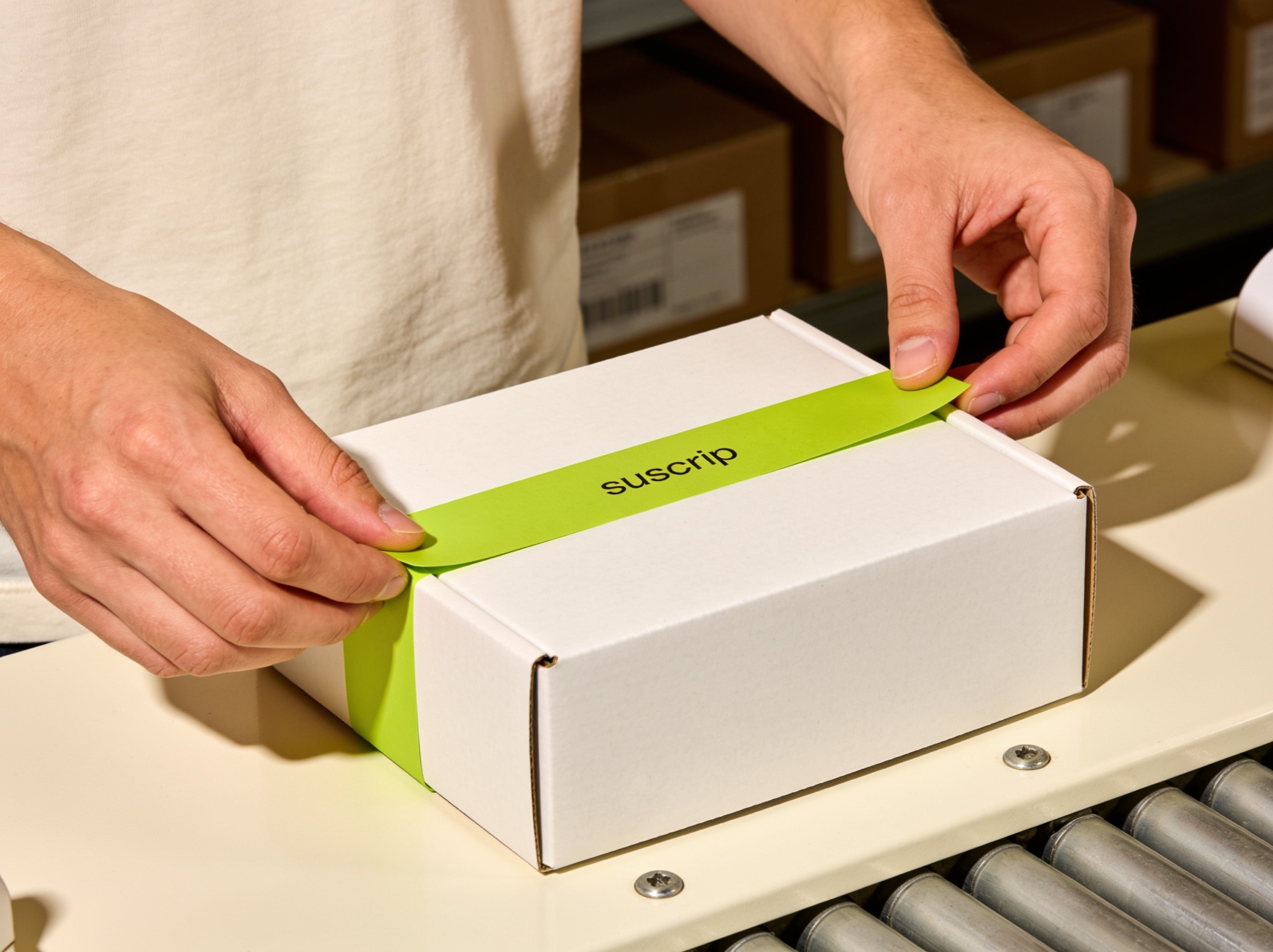 Team member assembling and quality-checking subscription boxes at a packing station