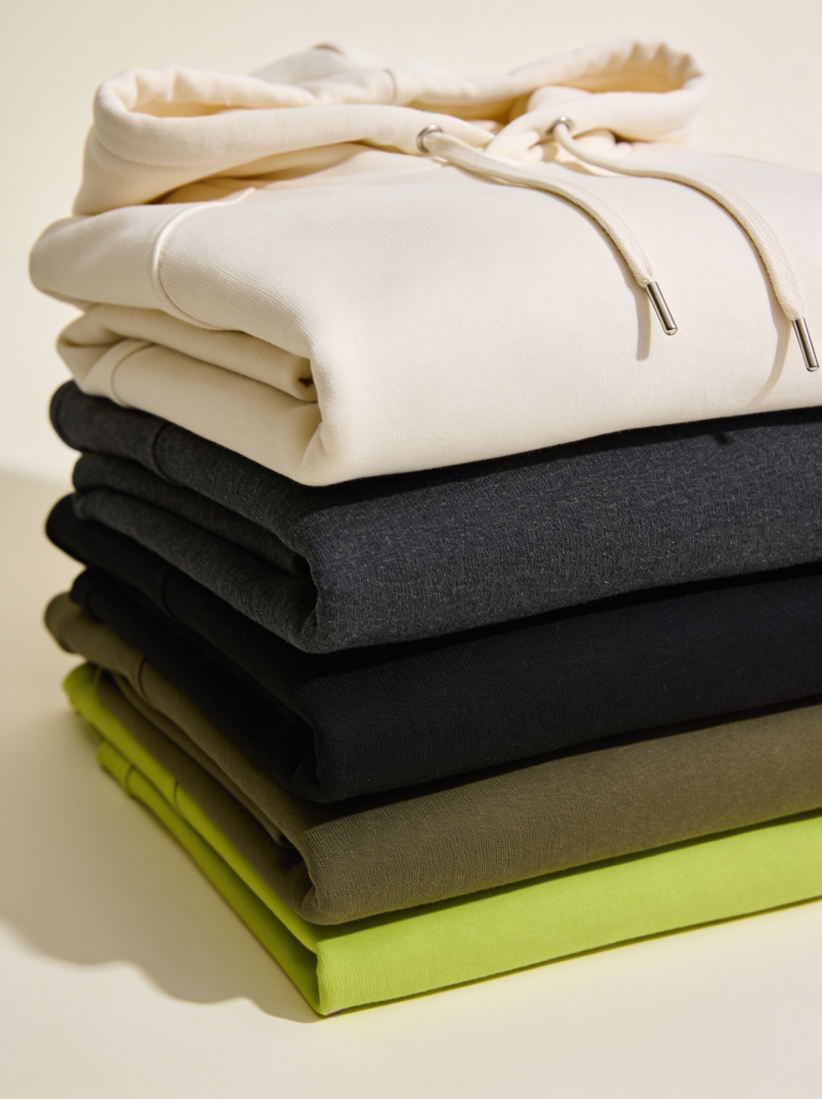 Custom branded apparel — folded hoodies and t-shirts in brand colours