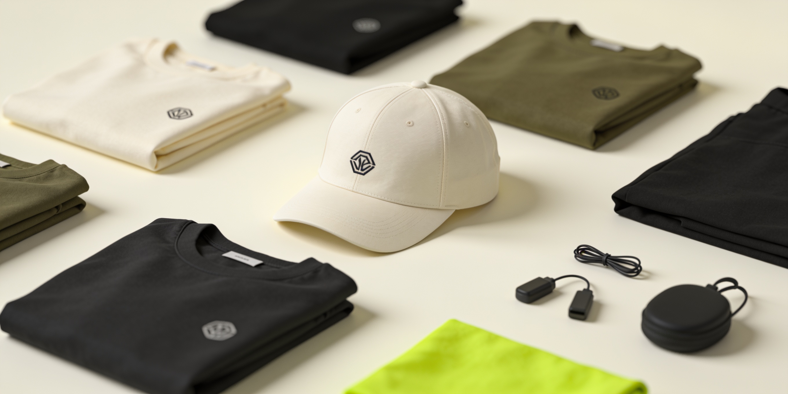 Custom merchandise program — folded branded apparel, caps, and accessories laid out on a studio table