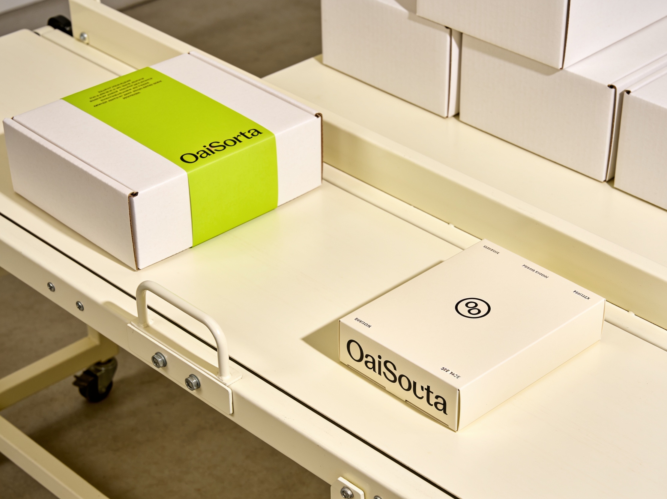 Branded custom packaging staged next to product on a fulfilment packing bench